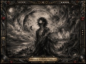 A solitary figure dissolves into a stormy charcoal landscape, surrounded by swirling music, feathers, ghostly guitars, speakers, and distant stage lights. Deep blacks, smoky grays, muted gold, and vivid red accents create a haunted, dramatic mood. An ornate gothic frame and engraved title plate complete the richly textured composition.