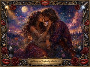 A moonlit bohemian couple shares an intimate kiss amid a dreamlike flower-filled festival landscape. Rich purples, crimson, amber, and midnight blue glow beneath celestial light. Expressive painterly textures blend oil, acrylic, and watercolor effects, while an ornate black-and-gold musical frame, roses, records, spotlights, and vivid red lips heighten the romantic mystique.