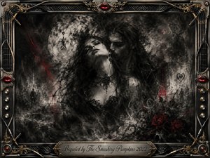 A pale, entranced woman and shadowed man emerge from swirling charcoal smoke beneath a ghostly moon, creating a seductive, ominous gothic atmosphere. Velvety blacks and silvery grays are pierced by crimson roses and streaks. Ornate chrome, gold filigree, cables, amplifier knobs, and red lips frame the richly textured rock-inspired composition.