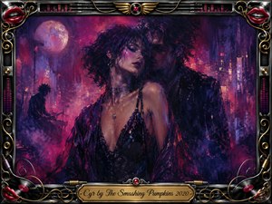 A seductive couple emerges from a neon-soaked nocturnal cityscape, surrounded by violet, magenta, crimson, and midnight-blue shadows. Painterly textures blend oil and acrylic effects with luminous highlights, while a moonlit skyline and distant guitarist deepen the dreamlike mood. An ornate chrome-and-gold music-themed frame completes the dramatic composition.