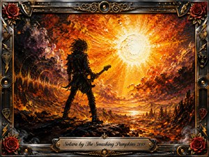 A silhouetted guitarist stands defiantly beneath a blazing white-gold sun over a scorched, otherworldly landscape. Fiery oranges, reds, and molten yellows collide with charcoal shadows and stormy clouds. Thick oil-painted textures, swirling energy, and dramatic backlighting create a fierce, triumphant mood, framed by chrome, gold filigree, roses, speakers, and guitar motifs.