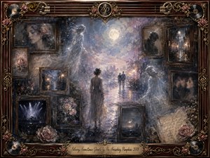 A moonlit, rain-washed city becomes a dreamlike gallery of fading memories, where translucent figures drift among antique portraits, roses, handwritten notes, and distant concert imagery. Silvery blues, violet grays, and muted gold glow softly through mist. Layered painterly textures, ornate rosewood framing, records, strings, and floral details create haunting romantic nostalgia.
