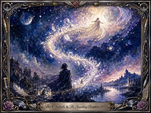 A solitary cloaked figure gazes upward as luminous feathered orbs spiral through a vast indigo cosmos toward a radiant celestial presence. Moonlit mountains, reflective water, distant towers, and drifting stars create a mystical, hopeful mood. Watercolor-like blues, violets, silver, and gold glow within an ornate music-inspired frame.