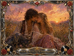 A bohemian couple shares an intimate kiss in a wildflower meadow beneath a glowing amber sunset, creating a tender, nostalgic mood. Rich oil-painted textures blend warm gold, rose, and violet tones. An ornate chrome-and-gold musical frame surrounds the scene with roses, records, microphones, guitar details, and an engraved title plate.