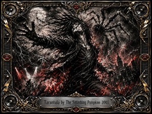 A defiant figure surges through a storm of charcoal shadows, spiderlike branches, fractured webs, and crimson sparks beneath a pale moon. Jagged lightning, distant city towers, and stage lights create a violent gothic atmosphere. An ornate chrome-and-gold rock frame, speakers, wires, red lips, and an engraved title plate complete the dramatic composition.