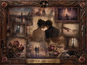 A nostalgic rosewood-framed collage surrounds a tender couple leaning close amid fading memories of city lights, moonlit rooms, concerts, roses, and vinyl records. Warm sepia, burgundy, bronze, and violet tones glow beneath soft, aged lighting. Painterly oil and watercolor textures create a romantic, wistful atmosphere, finished with ornate musical details and an engraved title plate.