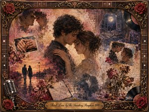 A tender couple embraces at the heart of a fading memory collage, surrounded by moonlit rooms, sunset silhouettes, handwritten notes, roses, and worn photographs. Warm blush, amber, burgundy, lavender, and smoky blue tones glow through soft painterly light, framed by ornate rosewood, gold filigree, guitar strings, vinyl records, and a vintage microphone.