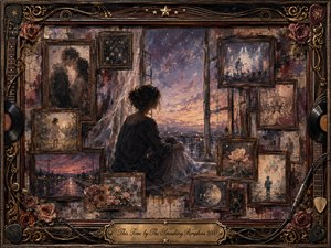 A solitary woman sits beside an open balcony at twilight, surrounded by weathered rosewood frames holding faded lovers, childhood scenes, concerts, flowers, and moonlit memories. Muted violet, amber, bronze, and dusty rose tones glow softly. Painterly textures, antique ornament, vinyl records, guitar details, roses, and gold filigree create wistful intimacy.