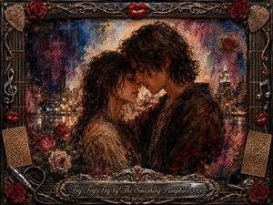 A tender young couple leans forehead to forehead beside a glowing nighttime waterfront, surrounded by roses and shimmering city lights. Rich burgundy, gold, blue, and charcoal tones create a bittersweet romantic mood. Painterly oil and watercolor textures soften the scene, framed by ornate chrome, gold filigree, musical symbols, and red lips.