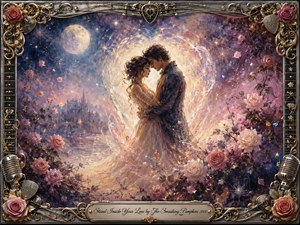 A moonlit couple embraces beneath a glowing celestial heart, surrounded by cascading roses and drifting petals in a dreamlike garden. Deep blues, lavender, blush pink, and warm gold create a tender, romantic mood. Luminous painterly textures, ornate metallic framing, guitar details, microphones, and a centered engraved title plate complete the composition.