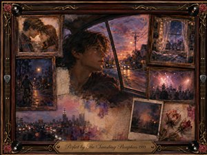 A nostalgic mixed-media collage surrounds a solitary young man gazing through a rain-streaked window at a glowing dusk city. Framed memories of romance, bicycling, concerts, and quiet rooms create a tender, wistful mood. Deep rosewood, bronze, violet, and amber tones blend with painterly textures, roses, records, and musical ornament.