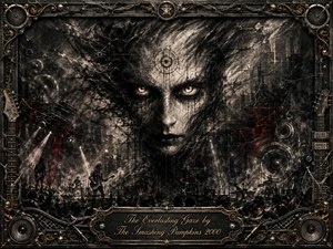 A haunting charcoal portrait dominates a shadowy concert landscape, its luminous eyes piercing through fractured textures, smoke, speakers, and distant musicians. Black, gray, ivory, and restrained crimson create an intense gothic mood. Dramatic spotlights cut through darkness, while an ornate metal-and-guitar frame and engraved title plate complete the composition.