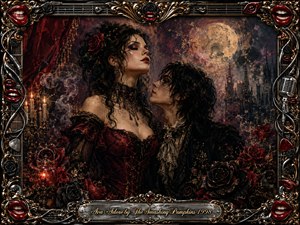 A gothic romantic couple stands amid black and crimson roses beneath a haunting moonlit skyline, surrounded by candles, smoke, and shadowy architecture. Deep reds, black, bronze, and gold create a seductive, mysterious mood. Painterly textures blend oil and acrylic effects, while an ornate music-themed frame features lips, strings, microphones, and gilded detailing.
