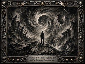 A lone silhouetted figure stands amid shattered gothic ruins beneath a swirling cosmic vortex and fractured planets. Deep charcoal textures, smoky grays, and stark silver highlights create an ominous apocalyptic mood. Spiral motifs suggest endless cycles, while a small sprouting plant hints at renewal. An ornate metallic frame adds skulls, stars, strings, and amplifier details.