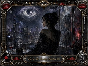 A solitary woman in a black lace dress overlooks a rain-darkened city beneath a vast spectral eye, creating a tense, dreamlike mood. Deep blues, charcoal blacks, crimson accents, and metallic gold dominate the nocturnal scene. Painterly textures, reflected lights, smoke, roses, vinyl, microphones, and ornate musical hardware enrich the dramatic frame.