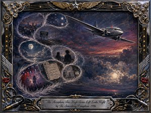 A silver aeroplane banks through a stormy twilight sky while feathered memory bubbles curve across the scene, revealing city lights, moonlit clouds, silhouettes, handwritten notes, and a glowing concert. Deep blues, violets, crimson, and silver create a melancholic dreamscape, framed by ornate chrome, gold, musical hardware, wings, stars, and red lips.