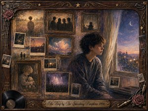 A solitary young man sits beside an open window, surrounded by faded photographs and framed childhood memories. Warm sepia, amber, and dusky blue tones create a tender, melancholy atmosphere beneath soft twilight. Painterly textures blend oil and watercolor effects, while roses, vinyl, guitar strings, stars, and ornate gold details frame the nostalgic scene.