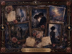 A romantic moonlit collage unfolds within an ornate rosewood and gold frame, layering tender couples, drifting curtains, roses, handwritten notes, and faded memories beneath a star-filled sky. Deep indigo, violet, amber, and dusty rose tones glow softly, blending oil, acrylic, and watercolor textures into a nostalgic, dreamlike atmosphere.