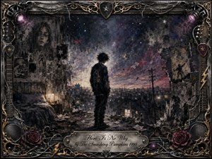 A solitary figure stands in a decaying bedroom overlooking a sprawling twilight city, surrounded by fractured memories and shadowy textures. Charcoal-like blacks, bruised purples, dusty rose, and muted gold create a restless melancholy. An ornate guitar-string frame, roses, speakers, picks, and metallic filigree reinforce the brooding rock atmosphere.