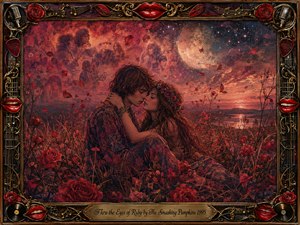 A romantic couple embraces in a rose-filled meadow beneath a glowing moon and starry ruby sky, surrounded by drifting petals and ghostlike memories. Rich crimson, burgundy, gold, and violet tones create a dreamy, nostalgic mood. Painterly textures blend oil, acrylic, and watercolor, framed by ornate musical motifs and red lips.