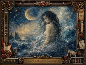 A moonlit woman rises dreamlike from turbulent blue oceans beneath a glowing crescent, her flowing hair and translucent dress blending with foaming waves and drifting bubbles. Rich oil-paint textures create a romantic, mystical mood, framed by ornate gold, guitars, roses, records, tickets, microphones, and vintage rock memorabilia.