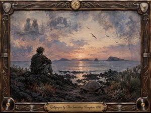 A solitary figure sits on a dark volcanic shoreline beside a giant tortoise, gazing across calm water toward distant islands at sunset. Muted blues, dusty rose, amber, and charcoal create a wistful mood, while ghostly memories dissolve into the sky. Layered oil, acrylic, and watercolor textures are enclosed by an ornate music-inspired frame.