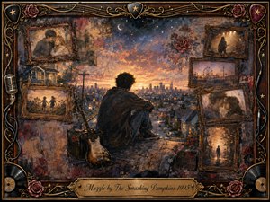 A solitary figure overlooks a glowing twilight city, surrounded by faded rosewood-framed memories of love, childhood, music, and distant places. Rich bronze, midnight blue, crimson, and amber tones create a nostalgic, introspective mood. Painterly textures, roses, guitars, vinyl records, microphones, and ornate gold details frame the dreamlike scene.