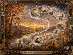 A nostalgic autumn landscape unfolds beneath a glowing sunset as two figures walk a winding road toward distant hills. Translucent memory bubbles sweep through the scene in an elegant S-curve, holding intimate life moments. Warm amber, rust, cream, and dusky blue tones blend through painterly watercolor and acrylic textures, framed with ornate musical details.