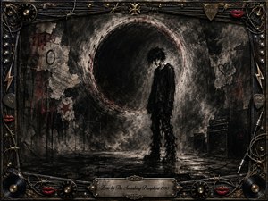 A solitary dark-clad figure stands beneath a vast black eclipse in a scarred, smoky industrial space, evoking isolation and defiance. Deep charcoal blacks, ash grays, and muted crimson accents create harsh, ghostly contrast. An ornate metallic frame of guitar strings, knobs, records, red lips, and barbed wire intensifies the gritty gothic-rock atmosphere.