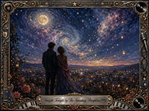 A romantic couple stands beneath a swirling, star-filled night above a glowing city, creating a dreamy sense of wonder and intimacy. Deep blues, violet clouds, warm gold lights, and luminous moonlight dominate the painterly scene. An ornate musical frame of guitars, records, roses, piano keys, and chrome surrounds the artwork.