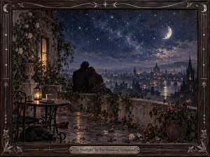A solitary couple sits together on a weathered terrace overlooking a luminous old city beneath a vast star-filled sky and crescent moon. Deep blues, charcoal tones, and warm amber lights create a romantic, wistful mood. Painterly textures, climbing roses, rain-slick stone, lantern glow, and an ornate instrument-inspired frame enrich the intimate nocturnal scene.