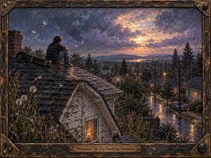 A solitary young figure sits on a rain-darkened rooftop beside a worn guitar case, overlooking a quiet suburban neighborhood at dusk. Dramatic violet-blue clouds break around warm golden light, reflected on wet streets and glowing windows. Textured oil-and-pastel brushwork, drifting dandelion seeds, weathered architecture, and a distressed musical frame create a wistful, nostalgic mood.