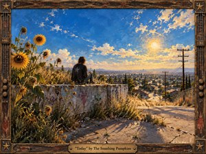 A solitary figure sits above a sprawling city at golden hour, surrounded by fading sunflowers, dry grass, cracked concrete, and leaning utility poles. Warm amber light contrasts with an intensely blue sky, creating a bittersweet, reflective mood. Thick painterly textures and a weathered guitar-inspired frame give the scene a handcrafted 1990s alternative-rock character.
