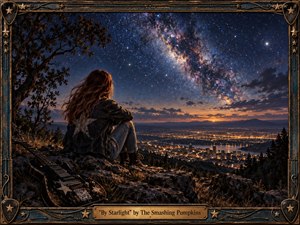A solitary woman sits on a rocky overlook beside a weathered electric guitar, gazing across a glowing city beneath a vast, star-filled sky. Deep blues, amber lights, and luminous clouds create a wistful, romantic mood. Painterly realism, textured details, and an ornate celestial frame give the scene handcrafted depth and nostalgic beauty.