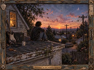 A solitary young figure sits on a weathered rooftop beside an electric guitar and amplifier, overlooking a quiet suburban neighborhood at sunset. Warm orange light melts into dusky blue skies, creating a wistful, introspective mood. Textured brushwork, fallen leaves, flowers, telephone wires, and a crescent moon deepen the nostalgic atmosphere.
