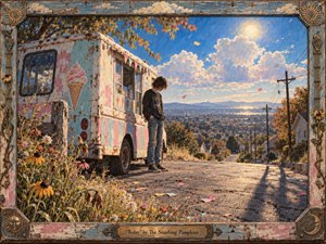 A solitary young man leans against a weathered pastel ice cream truck on a sunlit hillside overlooking a sprawling town. Bright blue skies and towering clouds contrast with his introspective posture. Warm autumn foliage, wildflowers, scattered paper, and long shadows create bittersweet nostalgia, rendered in richly textured, painterly realism.