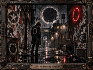 A solitary figure stands in a rain-soaked industrial alley beneath a looming black eclipse, surrounded by decaying brick, torn posters, chain-link fencing, and battered amplifiers. Harsh red neon cuts through cold grays and rusted browns, while wet pavement reflects fractured light. The gritty mixed-media style conveys isolation, defiance, and urban despair.