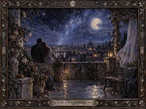 A moonlit terrace overlooks a glowing old city beneath a vast, star-filled sky, where a seated couple shares a quiet, intimate moment. Deep blues, silver light, warm windows, trailing roses, carved stone, and drifting fabric create a romantic, melancholic atmosphere rendered in richly textured, dreamlike oil-painting detail.