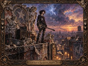 A solitary guitarist stands amid crumbling rooftop ruins overlooking an industrial city at twilight, surrounded by weathered cherub statues and battered amplifiers. Deep blues, smoky purples, rusted browns, and fiery gold light create a defiant, melancholic mood. Painterly textures, dramatic clouds, scattered papers, and an ornate musical frame heighten the worn 1990s rock atmosphere.
