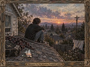 A solitary young figure sits on a weathered rooftop at sunset, overlooking a quiet suburban neighborhood beneath a glowing lavender-and-gold sky. Thick, textured brushwork gives the scene a worn, nostalgic intimacy. A battered guitar case, cracked mirror, peeling house, telephone wires, and hanging laundry deepen the mood of isolation, memory, and fragile hope.