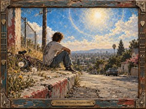A solitary young figure rests beside a bicycle on a sunlit hillside overlooking a sprawling neighborhood. Warm golds, weathered blues, and dusty earth tones create a nostalgic, bittersweet mood. Thick painterly textures, cracked pavement, wildflowers, telephone poles, and blazing afternoon light evoke youthful reflection, freedom, and quiet emotional tension.