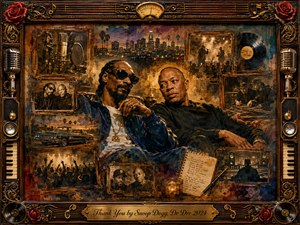Two iconic hip-hop artists relax at the center of a nostalgic West Coast music collage, surrounded by studio microphones, vinyl records, concert scenes, city lights, and vintage cars. Warm amber, bronze, deep blue, and crimson tones glow beneath dramatic lighting, while layered painterly textures and ornate musical framing create a celebratory, reflective mood.