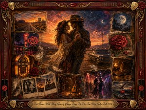 A romantic couple slow-dances at sunset beside a lonely highway, surrounded by faded memories of neon motels, roses, vintage cars, moonlight, music, and old photographs. Warm amber, crimson, and smoky blue tones glow beneath cinematic lighting, while richly textured oil, acrylic, and watercolor effects create a nostalgic, bittersweet dreamscape. SongData_LastDanceWithMaryJane_SnoopDogg_DrDre_TomPetty_JellyRoll_2024
