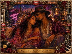 A stylish couple reclines closely on a romantic rooftop overlooking a glowing city skyline, surrounded by roses, neon signs, records, instruments, and ornate musical details. Rich burgundy, gold, violet, and amber tones create a sensual nighttime mood, while painterly textures, warm lighting, and an elaborate gilded frame evoke luxurious West Coast nostalgia.