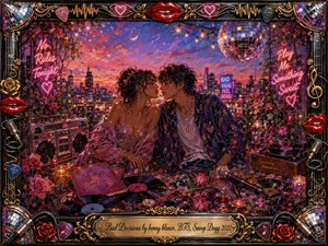 A flirtatious young couple leans close on a flower-filled rooftop at twilight, surrounded by vinyl records, a boombox, microphone, disco ball, and glowing neon signs. Rich pinks, violets, blues, and golds shimmer under string lights, while textured painterly brushwork and an ornate music-themed frame create a playful, romantic atmosphere.