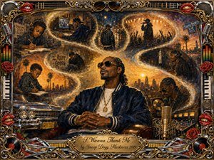 A confident central figure sits beneath warm golden light, surrounded by flowing S-curve memories of studios, performances, city nights, childhood ambition, and hard-earned success. Rich blacks, amber gold, chrome, roses, records, microphones, and vintage cars frame the scene. Painterly textures and ornate details create a triumphant, reflective, celebratory mood.