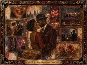 A tender couple embraces beneath glowing city lights, surrounded by framed memories of dancing, roses, clasped hands, a vintage microphone, and a nighttime convertible. Warm burgundy, amber, gold, and smoky blue tones create a romantic, nostalgic mood. Painterly oil, acrylic, and watercolor textures enrich the ornate music-themed frame.