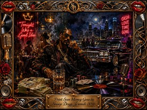 A lavish nighttime lounge scene centers on a stylish man surrounded by cash, cards, whiskey, vinyl records, and a gleaming vintage convertible against a luminous city skyline. Deep blacks, crimson neon, gold accents, and reflective chrome create a seductive, extravagant mood, framed by ornate musical motifs, roses, microphones, records, and bright red lips.