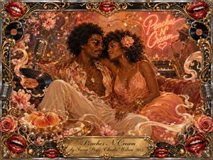 A stylish couple lounges closely in a glowing retro soul setting, surrounded by ripe peaches, creamy ribbons, blossoms, vinyl records, microphones, and a distant saxophonist. Warm peach, coral, cream, and gold tones create a seductive, joyful mood. Painterly textures, neon lighting, ornate musical details, red lips, roses, and gilded framing enrich the romantic composition.