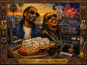 A richly detailed painted portrait places Snoop Dogg and Stevie Wonder against a glowing California sunset, surrounded by palms, neon signs, a classic convertible, sushi, vinyl, studio gear, and musical instruments. Warm gold, deep blue, and red tones create a relaxed, celebratory mood within an ornate music-themed frame.